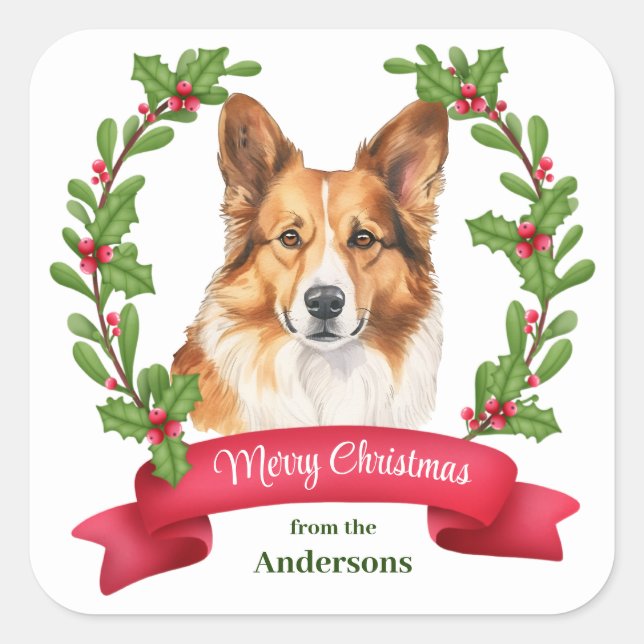 Adesivo Quadrado Holly Banner Corgi Dog Retrato Natal (Frente)