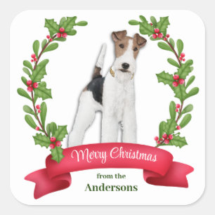 Adesivo Quadrado Holly Banner Fox Terrier Dog Natal