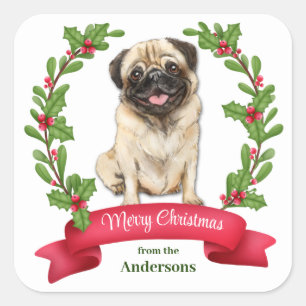 Adesivo Quadrado Holly Banner Pug Dog Natal