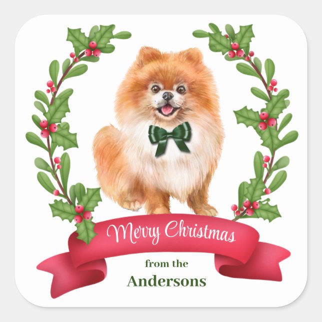 Adesivo Quadrado Holly Banner Red Pomeranian Natal (Frente)