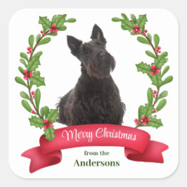 Adesivo Quadrado Holly Banner Scottish Terrier Dog Natal