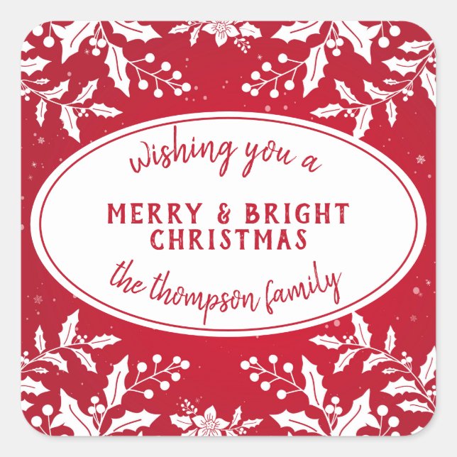Adesivo Quadrado Holly de Natal com o Nome da Família (Frente)