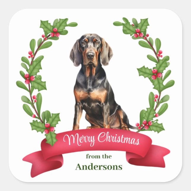 Adesivo Quadrado Holly Wreath Black Tan Coonhound Natal (Frente)