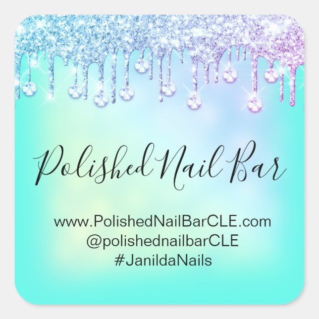 Adesivo Quadrado Holográfico Azul Diamante Gotas de Unha Rosa (Frente)