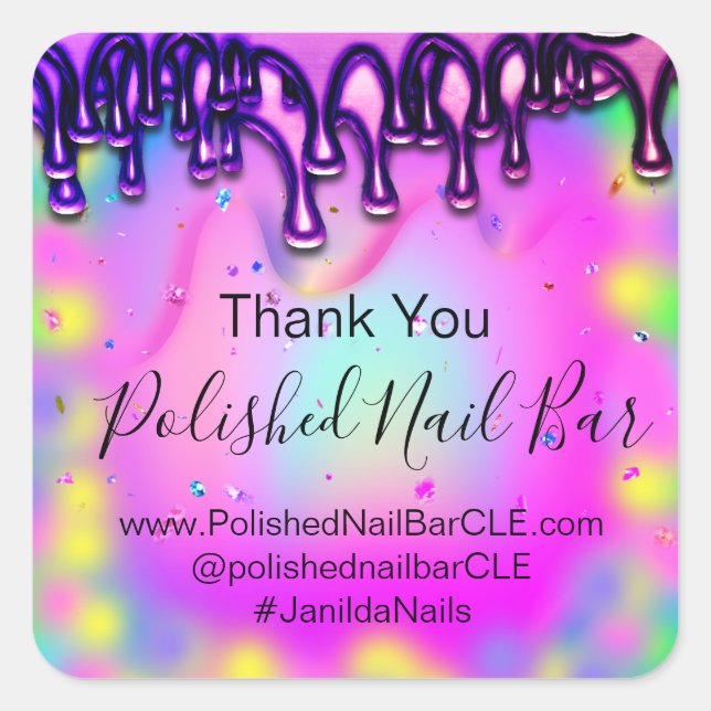 Adesivo Quadrado Hológrafo Obrigado Bolha Rosa Quente (Frente)