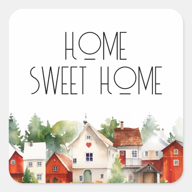 Adesivo Quadrado Home Sweet Home Watercolor House (Frente)