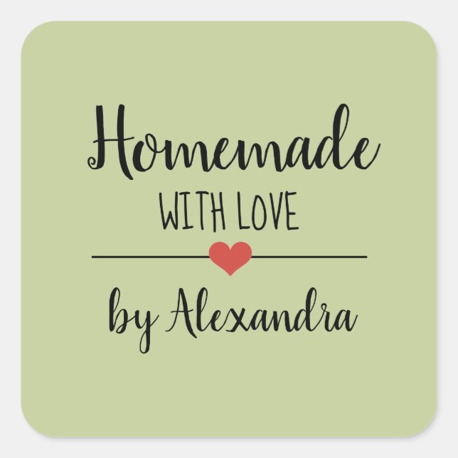 Adesivo Quadrado Homemade com amor sage green script name (Frente)