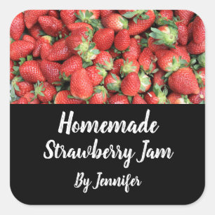 Adesivo Quadrado Homemade Jam Foto de Morangos Vermelhos Suculentos