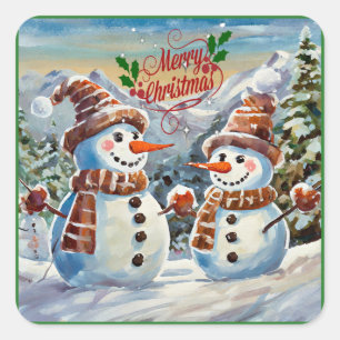 Adesivo Quadrado Homens de Neve de Natal, Feliz Natal,