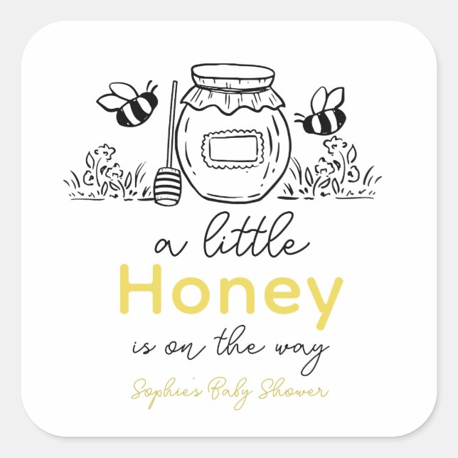 Adesivo Quadrado Honey Hand-drawn Jar & Bees White Baby Shower (Frente)