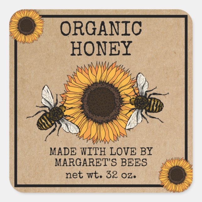 Adesivo Quadrado Honey Jar Labels Honeybee Honeycomb Bee Apiary (Frente)