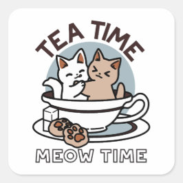 Adesivo Quadrado Hora do Tea Meow - Design de Gato e Chá