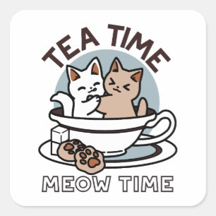 Adesivo Quadrado Hora do Tea Meow - Design de Gato e Chá