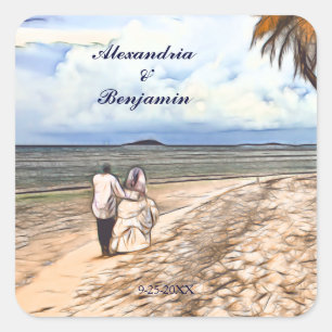 Adesivo Quadrado Horário Tropical de Verão, Casamento com Aquarel