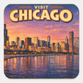 Adesivo Quadrado Horizonte de Chicago e Lago Michigan à noite