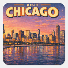 Adesivo Quadrado Horizonte de Chicago e Lago Michigan à noite