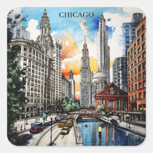 Adesivo Quadrado Horizonte de Chicago em Aquarela – Viagens pela Ci