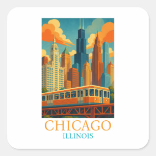 Adesivo Quadrado Horizonte de Chicago Illinois Arte Vintage Viagem