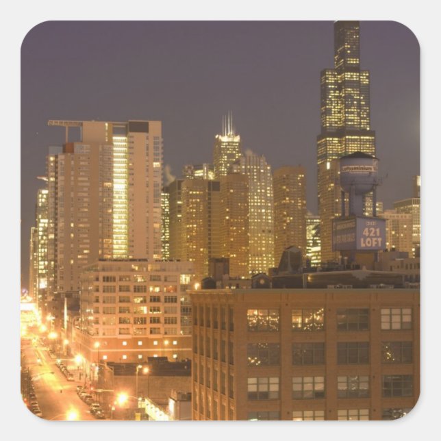 Adesivo Quadrado Horizonte de Chicago, Illinois, do West Loop em (Frente)