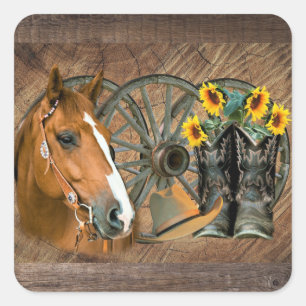 Adesivo Quadrado Horse Cowboy Boots Roda Girassol Roda Roda Girass