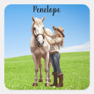 Adesivo Quadrado Horseback Rapariga de Cavalo Personalizado