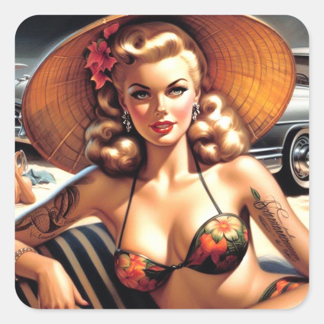 Adesivo Quadrado Hot Beach Pin-up (Frente)