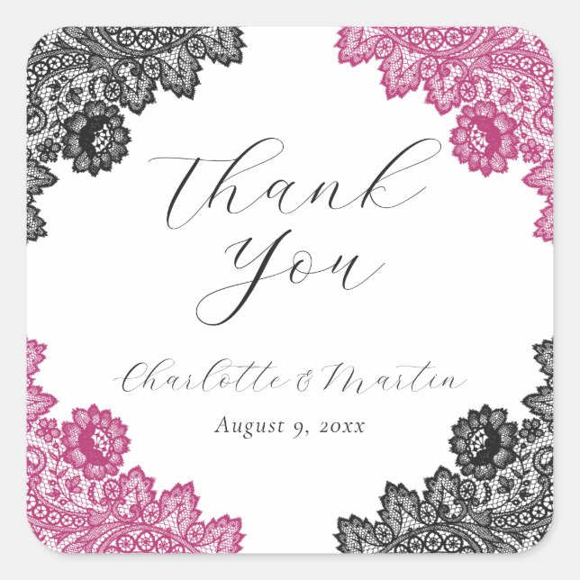 Adesivo Quadrado Hot Pink and Black Floral Lace Wedding Thank You (Frente)