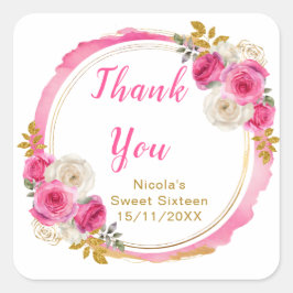 Adesivo Quadrado Hot Pink and Gold Elegant Flowers Sweet Sixteen