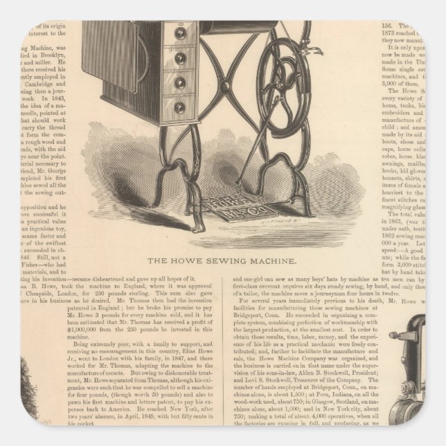 Adesivo Quadrado How Sewing Maching with Sketch of the Inventor (Frente)