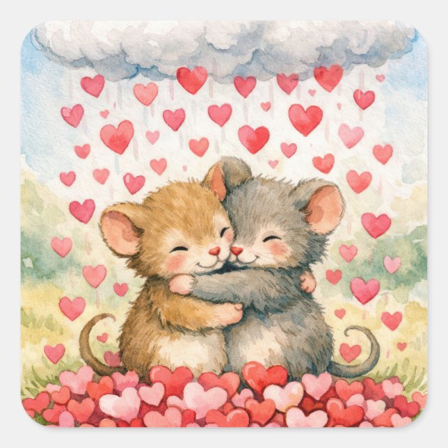 Adesivo Quadrado Hugging Mice Under a Cloud of Hearts (Frente)