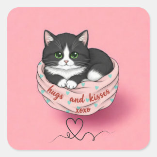 Adesivo Quadrado hugs and kisses tuxedo kitten sticker