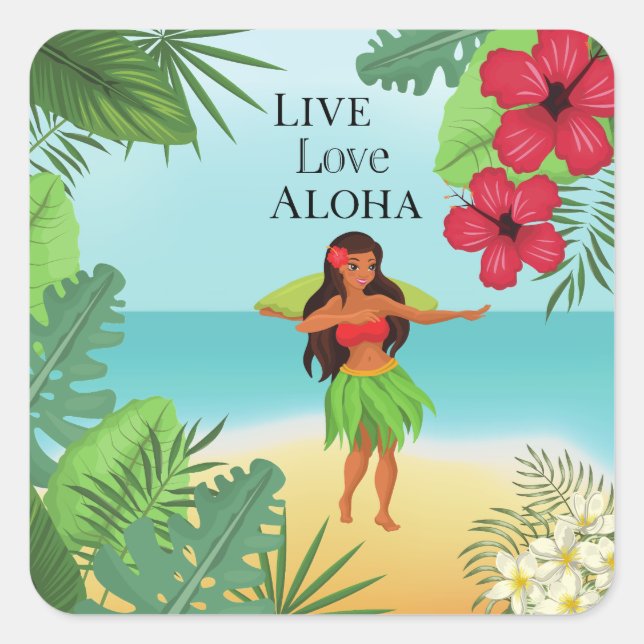 Adesivo Quadrado Hula Girl Live Love Aloha (Frente)