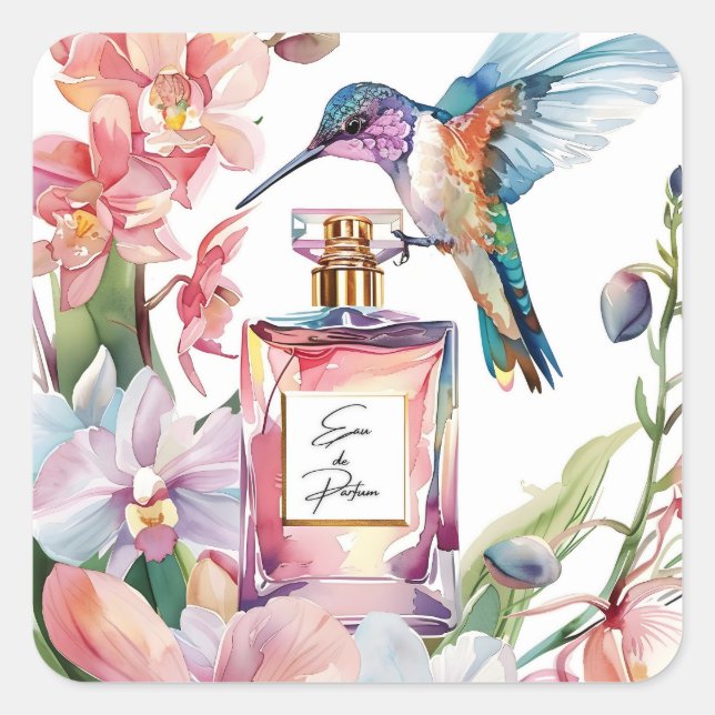 Adesivo Quadrado Hummingbird e Perfume Watercolor Vinheta Floral (Frente)