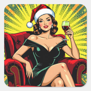 Adesivo Quadrado Humor do Vinho Arte Pop Retro Natal