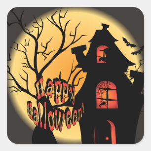 Adesivo Quadrado Hunted House Silhouette Feliz Dia das Bruxas