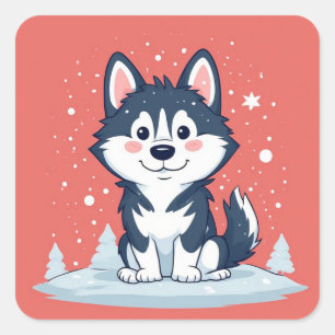 Adesivo Quadrado Husky Desenhado Sentado Na Neve De Natal
