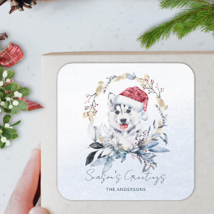 Adesivo Quadrado Husky Nevado Amante de Cães Personalizado Natal