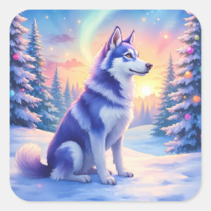 Adesivo Quadrado Husky Siberiano Luzes do Norte Natal Inverno