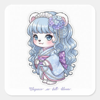 Adesivo Quadrado Hydrangea Yukata Bear - Pastel Hair&Pearl Elegance