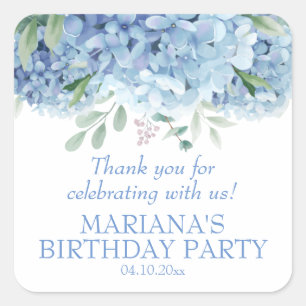 Adesivo Quadrado Hydrangeas Aquarela Floral Favor de Aniversário