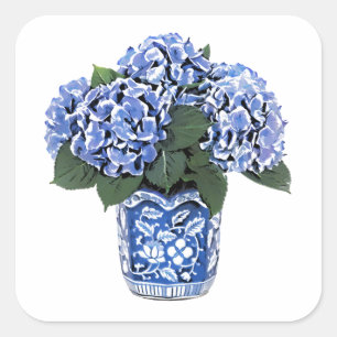 Adesivo Quadrado Hydrangeas azuis em um pote cerâmico floral