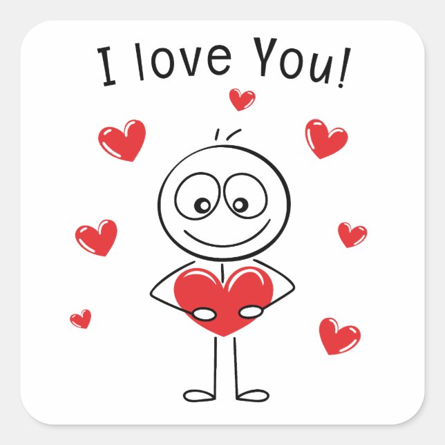 Adesivo Quadrado I Love You Stick Figure Cute Hearts (Frente)
