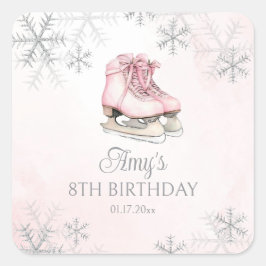 Adesivo Quadrado Ice Skating Pink Silver Glitter Snowflake Birthday