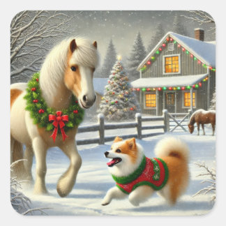 Adesivo Quadrado Icelandic Horse and Dog Christmas Sticker
