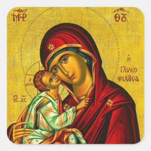 Adesivo Quadrado Ícone da Virgem Maria (Theotokos) e Menino Jesus  
