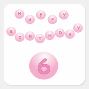 Adesivo Quadrado Idade cor-de-rosa 6 das bolas do aniversário