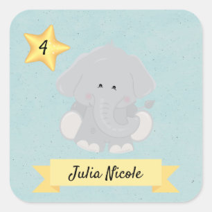 Adesivo Quadrado Idade do Nome do Elefante Personalizado