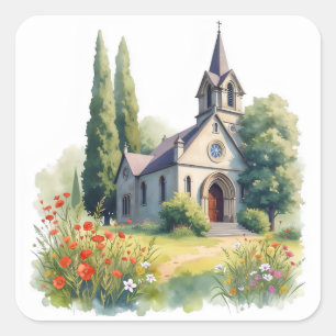 Adesivo Quadrado Igreja Católica Floral de Watercolor