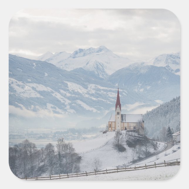 Adesivo Quadrado Igreja em Zillertal no vinheta de fotos de inverno (Frente)