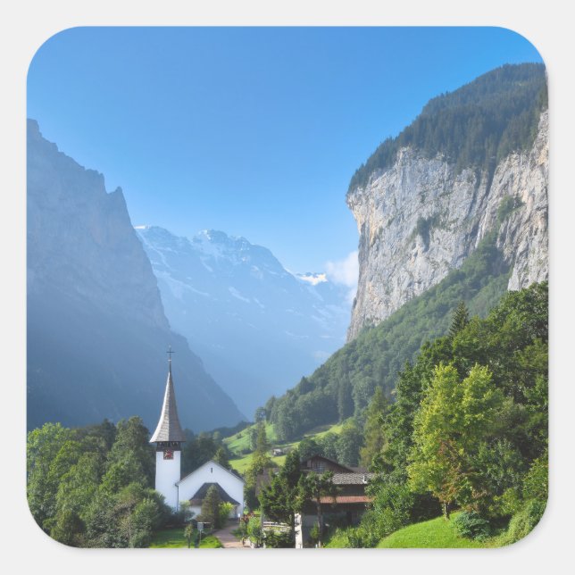Adesivo Quadrado Igreja no Vale de Lauterbrunnen, Suiça (Frente)